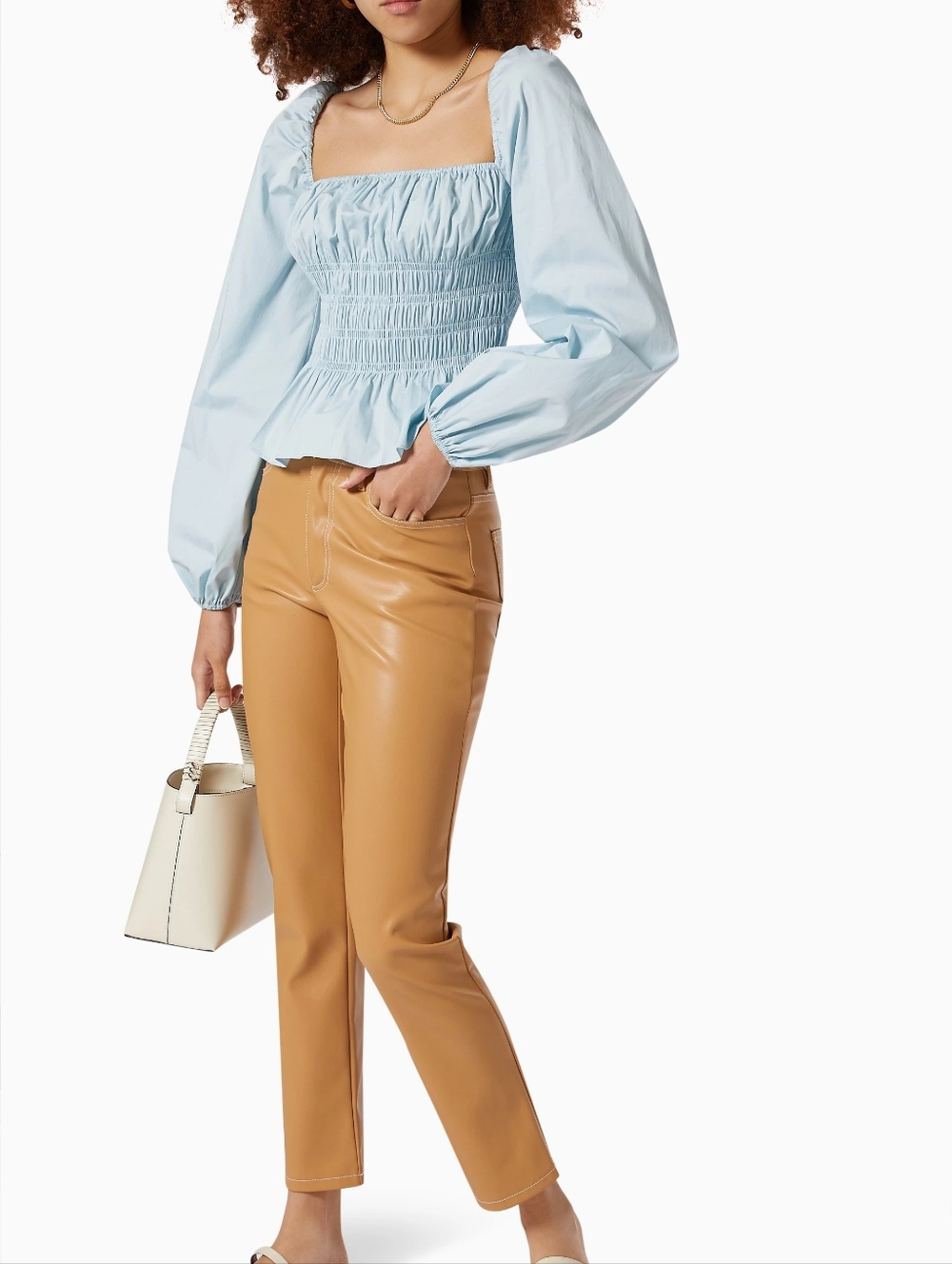 Staud Brand Light Blue Smocked Square-Neck Blouse - Small